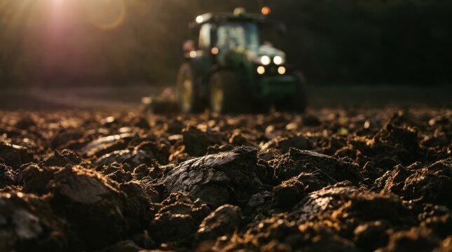 Heavy green tractor plows dark fertile soil during a warm glowing golden hour sunset scene