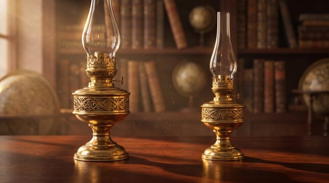 Vintage brass oil lamps on a wooden desk inside an old library filled with antique books and globes for historical study and interior decoration