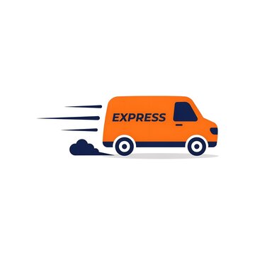 Orange delivery van icon with motion lines representing fast shipping and logistics services in flat vector style