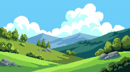 Naklejka premium Pixel art green mountain valley with hills and large white clouds