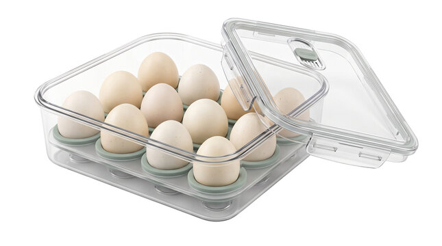 Clear plastic egg storage container with lid, reusable kitchen refrigerator organizer tray, transparent food storage box for twelve eggs isolated PNG with Transparent Background