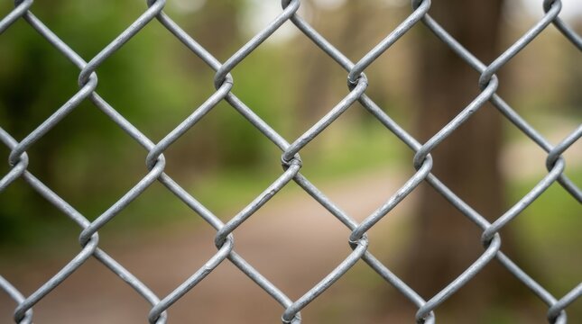 Silver chain link fence texture creating a pattern with blurred natural background in bright daylight