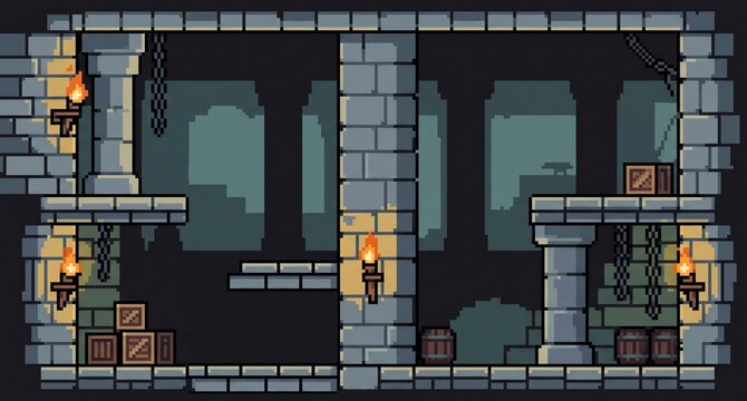 Pixel Art Medieval Dungeon Interior with Torches and Stone Platforms