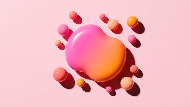 Abstract organic form with floating spheres pink background, abstract