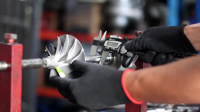 Measuring Turbocharger Shaft with Digital Caliper.