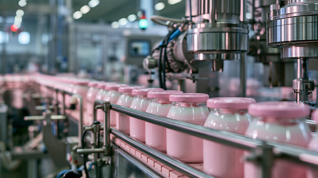 Industrial yogurt production line filling jars in a modern factory. Food manufacturing concept.
