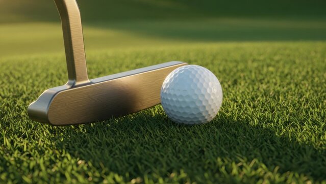 Golf Putter Head and Ball Close-Up on Putting Green