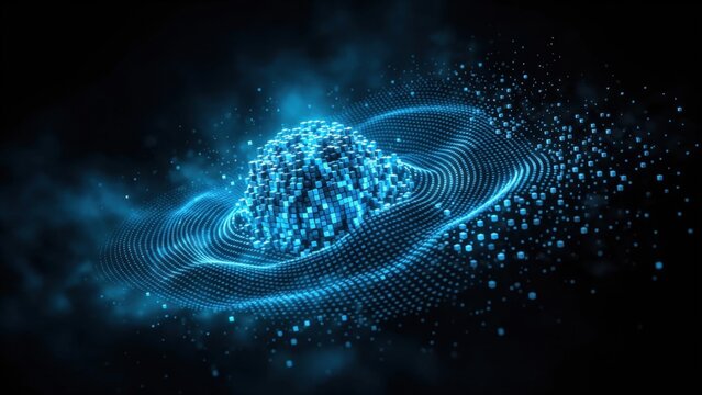 Abstract Blue Energy Sphere with Digital Particles and Waves.