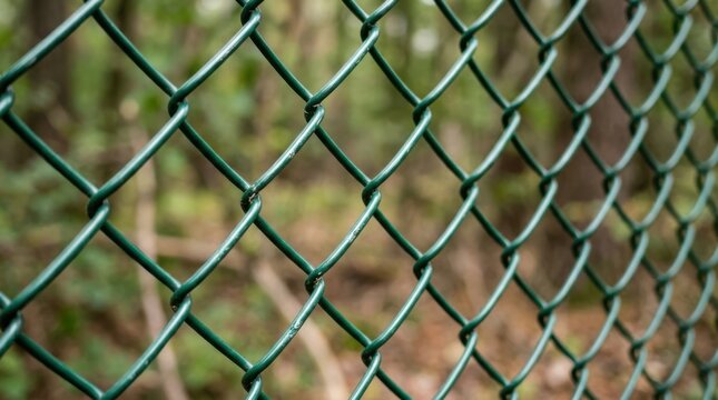 Green diamond patterned chain link metal fence sections capture sharp details against a soft forest background