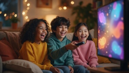 Fototapeta premium Happy Kids Watching TV Together on Sofa at Home
