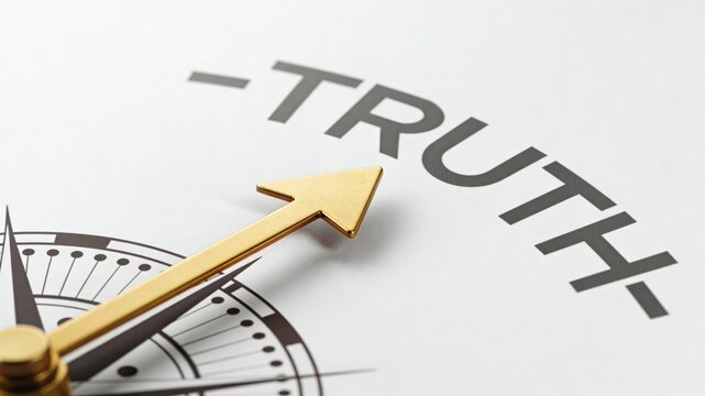 Golden Compass Arrow Pointing to Truth on White Background
