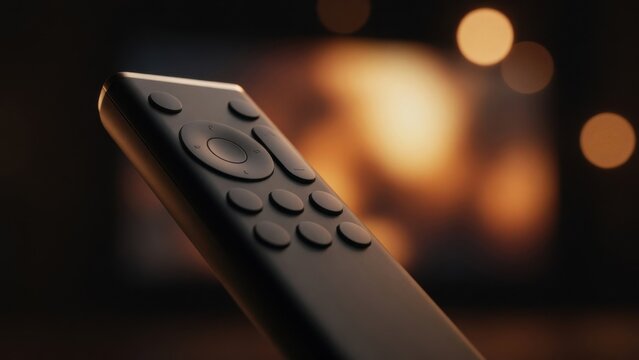 TV Remote Control Close-Up with Cozy Fireplace Background