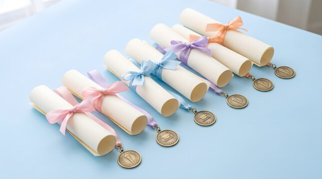 Row of rolled graduation diplomas tied with pastel ribbons and gold medals on a light blue background