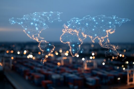 Global logistics network map glowing over a blurred industrial shipping port at dusk