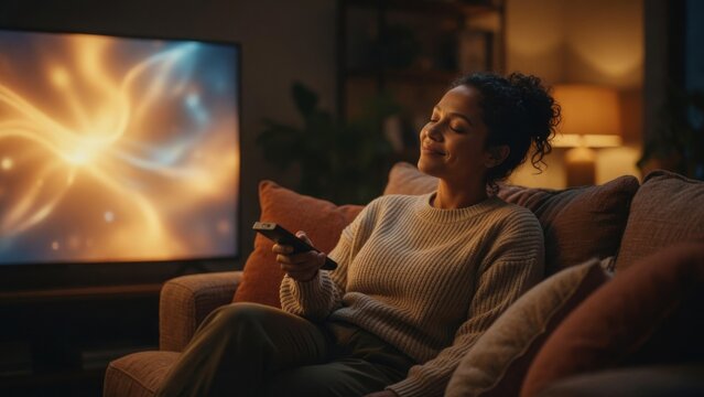 Woman Relaxing on Sofa Watching TV with Remote Control