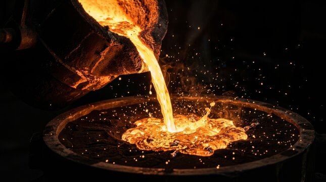 Molten liquid metal pouring from industrial crucible into dark container during glowing orange manufacturing process foundry