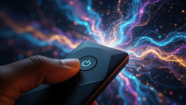 Hand Pressing Power Button with Glowing Energy Waves