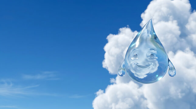 Cute smiling water droplet character floating near fluffy cumulus clouds.