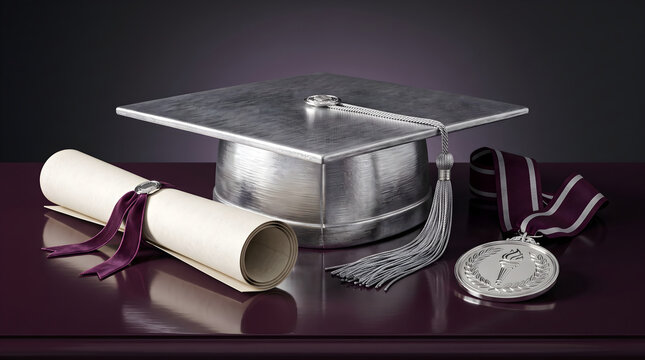 Premium silver graduation cap, rolled diploma, and academic medal on a glossy dark burgundy surface