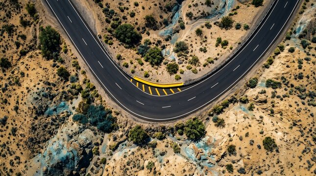 Aerial top down view of a curving asphalt road winding through arid desert landscape.