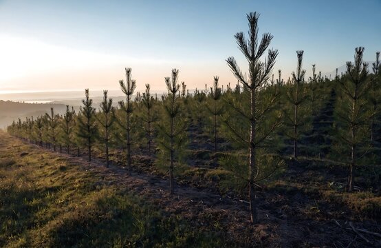 Young pine trees growing on a natural grassy hillside during sunset