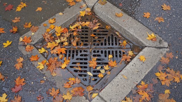 Metal storm drain cover clogged with fallen maple leaves on wet asphalt road. Seasonal autumn arrival on city street. Rain and drainage maintenance concept during fall season.