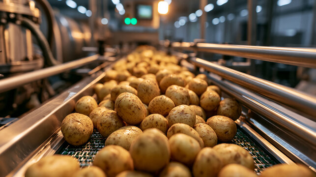 Fresh potatoes moving along an industrial factory conveyor belt. Ideal for food processing and agriculture concepts.