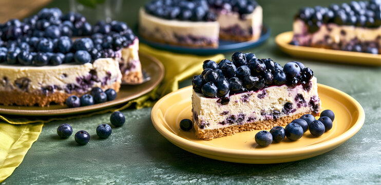 Creative food template. Creamy fresh blueberry fruit cheesecake slice with graham cracker base, glistening on yellow plate, rustic table. copy text space