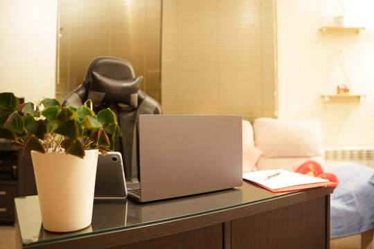 Sunlit home office desk with laptop, potted plant, smartphone, and ergonomic chair beside sofa in modern living room with warm natural light and soft shadows, with home, office, desk, laptop detail