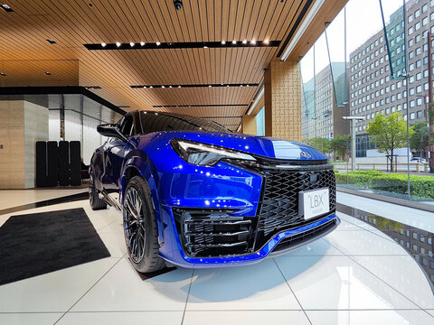 A blue Lexus LBX Morizo RR on display in a showroom on October 26, 2024 in Japan.