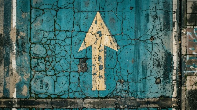 Directional arrow sign painted on an old weathered turquoise brick wall.