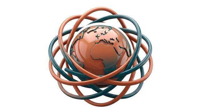 Abstract globe tangled in colorful cables, earth wrapped in wires, connectivity symbol, business network chaos, global communication disruption, orange and teal illustration