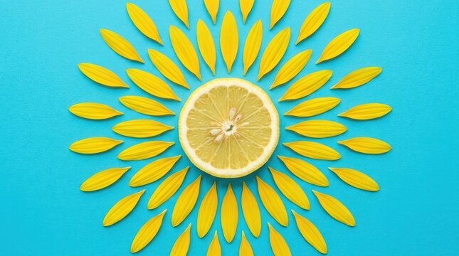 Fresh lemon slice surrounded by yellow flower petals arranged in circular pattern on bright blue background