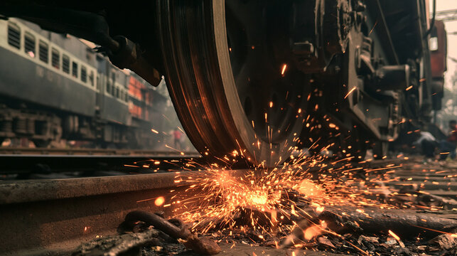A train wheel grinding on the track with bright sparks flying. Perfect for industrial transit safety concepts.