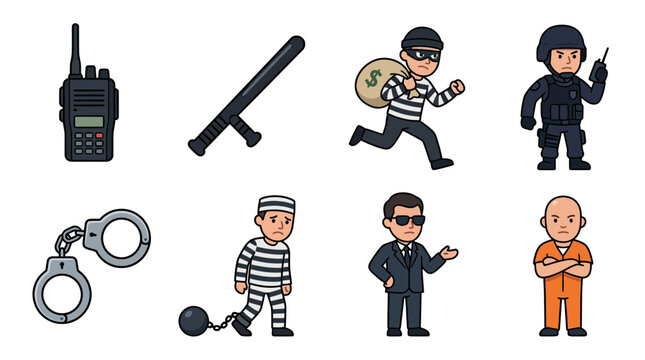 Cartoon illustrations of criminals, police, and security equipment.