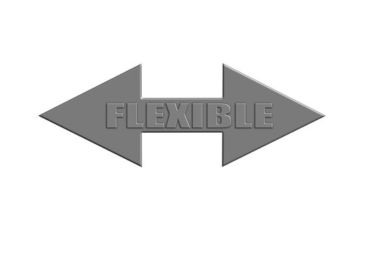 Sign with the word flexible in the middle and two arrows pointing left and right on a plain background