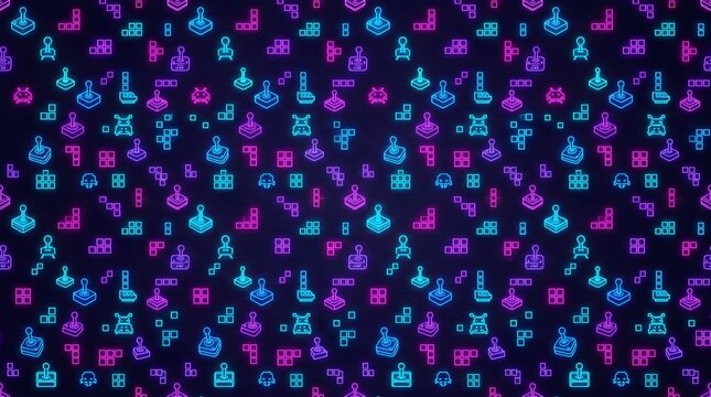 Blue and Purple Neon Science Pattern, Laboratory Equipment Seamless Texture, Chemistry Flasks and Molecules, Pixel Art Style, Digital Vector Background for Design
