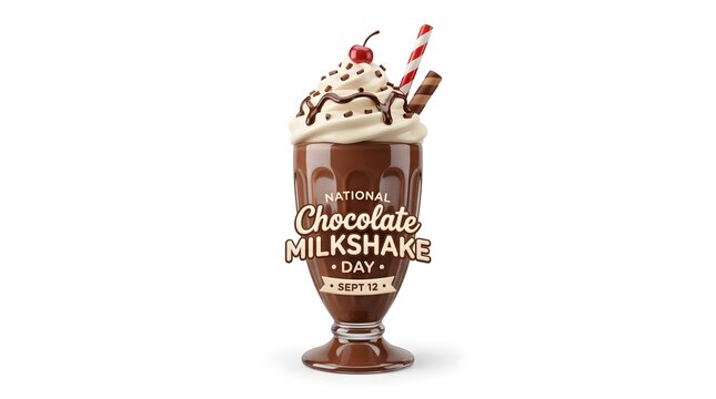 National Chocolate Milkshake Day Illustration. Delicious Chocolate Shake with Whipped Cream, Cherry, and Straw. Beverage Ad, Social Media Background, Milk Bar Supply