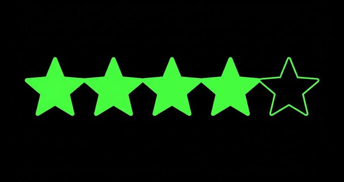 Glowing green 4 star rating animation, neon four stars feedback icon on black background, digital customer review ranking