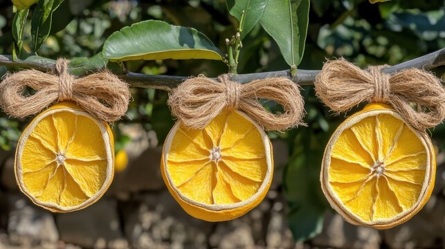 Braided Raffia Bows Adorning Dried Citrus Slices on Branch