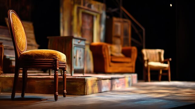misaligned. Stage set with deliberately misaligned prop furniture in a theatrical setting. event programs, museum guides, designed for cultural heritage projects and event programs.