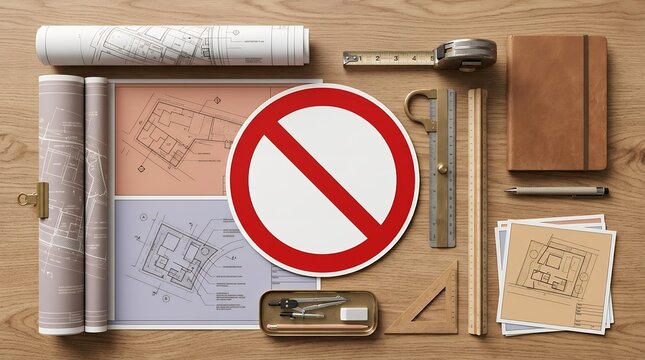 Prohibition sign on architectural blueprints with drafting tools on wooden table flat lay.