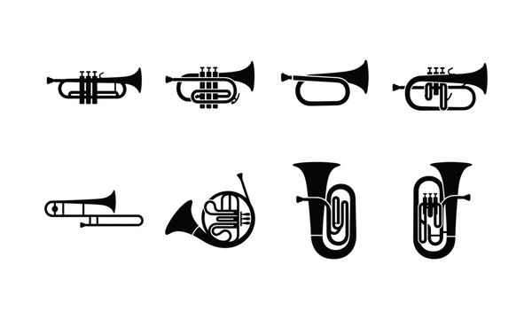 Set of black silhouette icons representing various brass musical instruments isolated on a white background