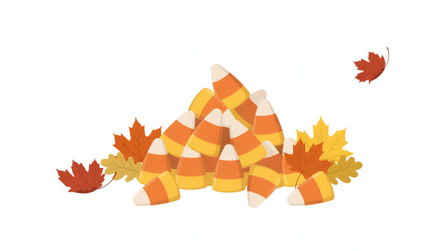 Autumn candy corn pile with falling maple leaves Halloween Thanksgiving vector isolated on white background