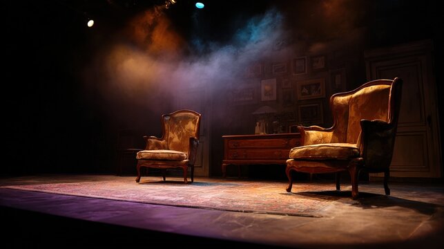 misaligned. Stage set with deliberately misaligned prop furniture in a theatrical setting. event programs, museum guides, designed for cultural heritage projects and event programs.