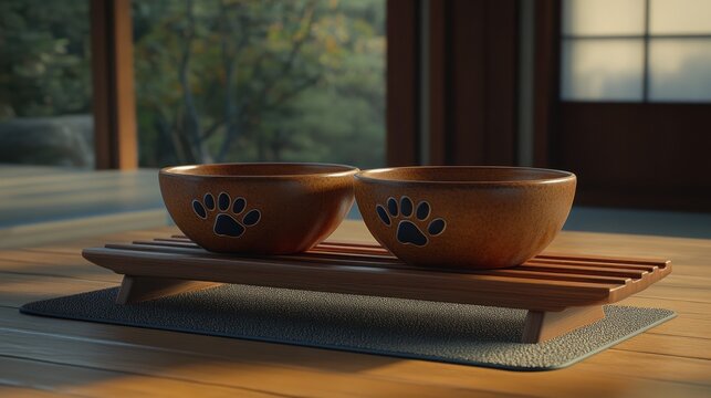 Elevated Feeder with Two Ceramic Pawprint Bowls
