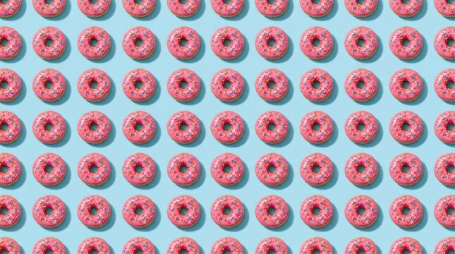 Delicious pink frosted donuts with colorful sprinkles arranged in a uniform pattern on blue background