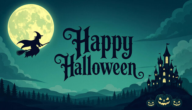 A spooky happy halloween background featuring a witch flying on a broomstick past a full moon and castle