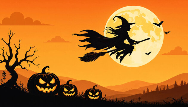 Spooky halloween background featuring a witch flying on a broomstick over glowing jack o lanterns and full moon