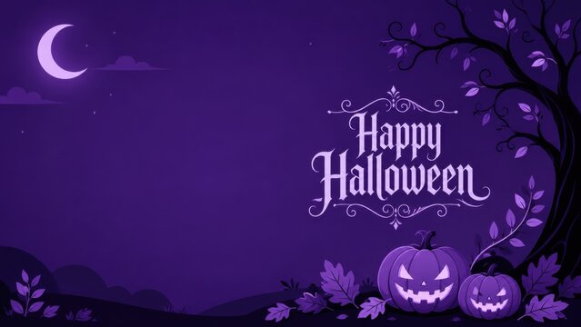 A festive purple background featuring a spooky tree and glowing jack o lanterns for a happy halloween celebration